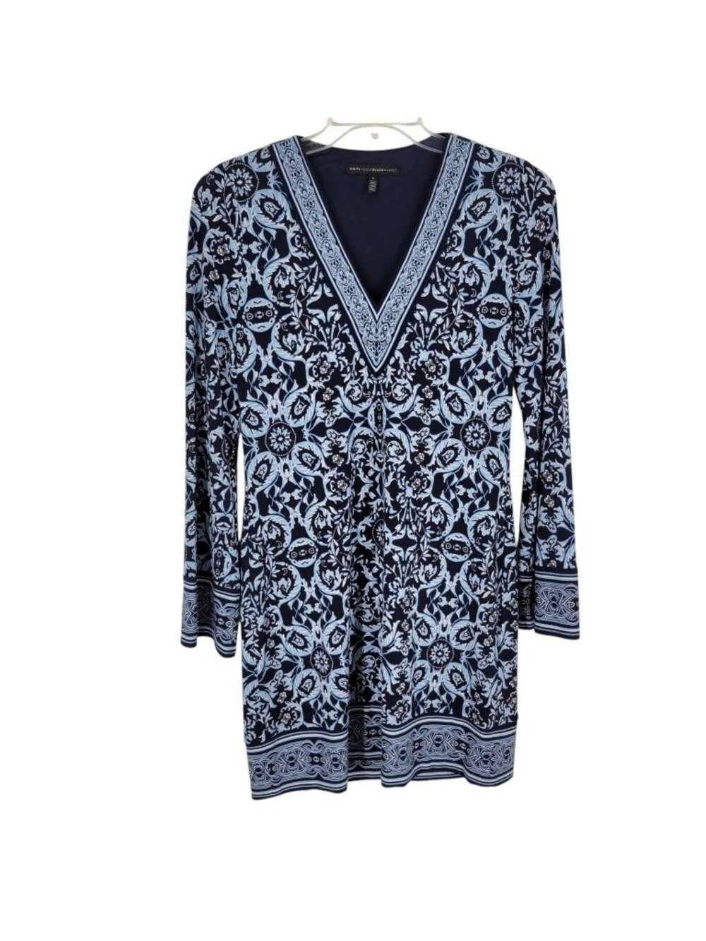 WHBM Dress S Navy Blue Baroque Floral Border Print V Neck Long Sleeve Boho